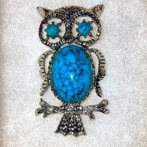 Vintage Gerry Weber Owl Brooch Pin Turquoise Color Belly Eyes on Silver